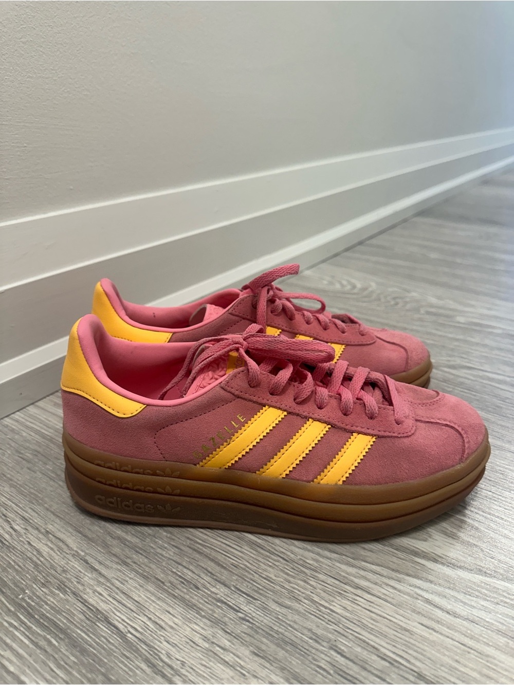 ADIDAS Suede Platform Sneaker - Pink with Yellow Stripes